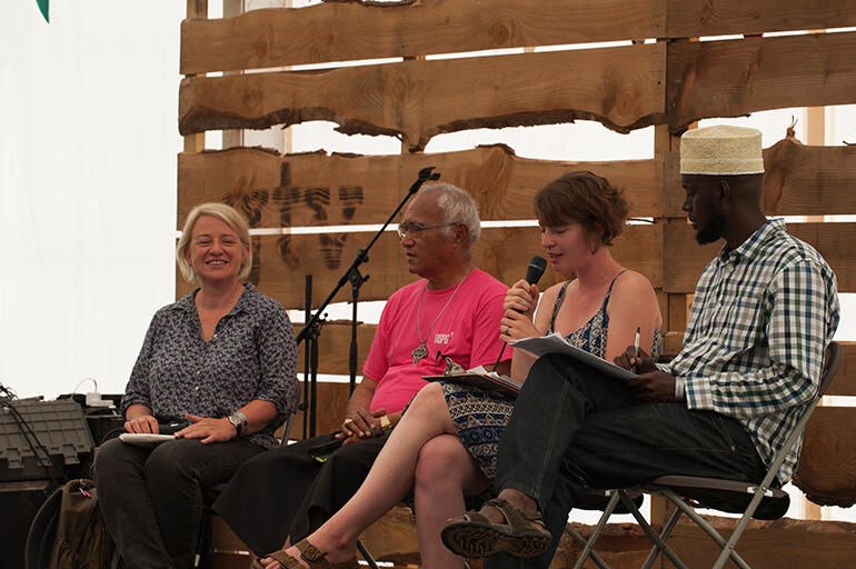 Archbishop Winston in: 'Two degrees of separation' with Jo Musker-Sherwood (left) Natalie Bennett and Mohammed Ado.