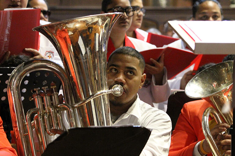 The United Church of Tonga choir had is own brass band accompaniment. The United Church of Tonga choir had is own brass band accompaniment.