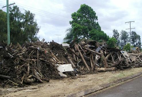 A pile of flood debris on the roadside at Grantham.
