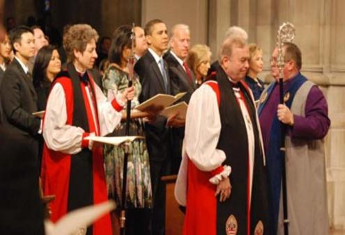 Presiding Bishop Katharine Jefferts Schori and Washington Bishop John Chane process into the National Prayer Service.
