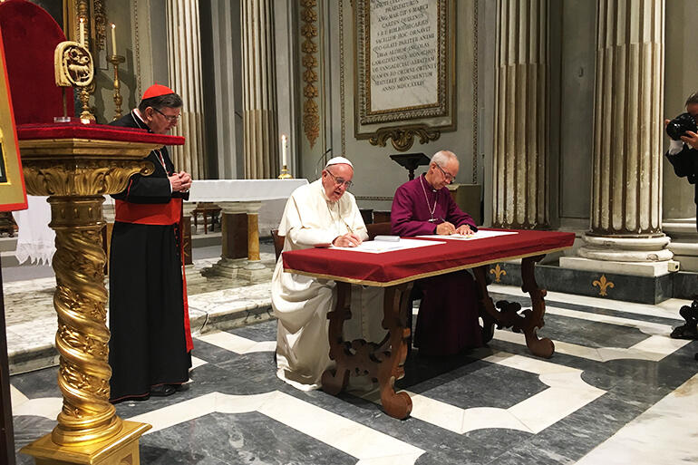 Pope Francis and Archbishop Welby signing their declaration in the church from which Pope Gregory sent Augustine out on this mission to the Angles.
