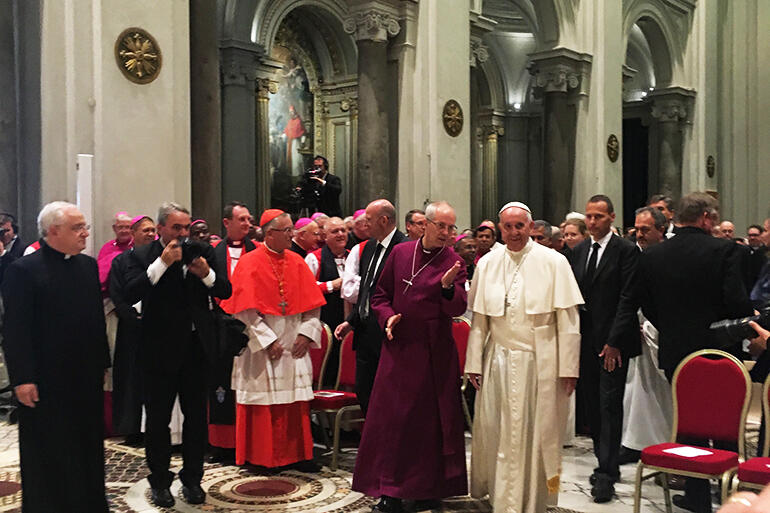 The Archbishop of Canterbury with Pope Francis - Cardinal John Dew and Bishop Ross Bay can be seen at the ABC's right. The Archbishop of Canterbury with Pope Francis - Cardinal John Dew and Bishop Ross Bay can be seen at the ABC's right.