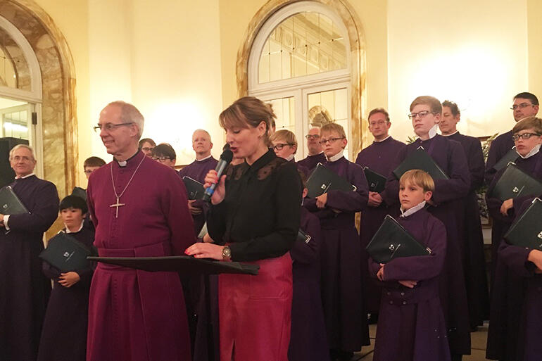 The Archbishop of Canterbury, with Sally Axworthy, the British Ambassador to the Holy See, and the choristers of Canterbury Cathedral. The Archbishop of Canterbury, with Sally Axworthy, the British Ambassador to the Holy See, and the choristers of Canterbury Cathedral.