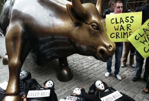 Protestors in New York before the $700bn Wall Street bail-out this month. Photograph: Nicholas Roberts/AFP/Getty images