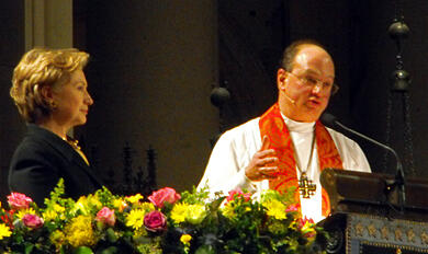 Dean James Kowalski and Senator Hillary Clinton at the rededication of St John the Divine.