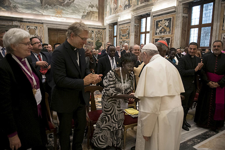 Moderator of WCC Central Committee, Dr Agnes Aboum meets His Holiness Pope Francis after the World Conference on Xenophobia/Photo:VaticanMedia. Moderator of WCC Central Committee, Dr Agnes Aboum meets His Holiness Pope Francis after the World Conference on Xenophobia/Photo:VaticanMedia.