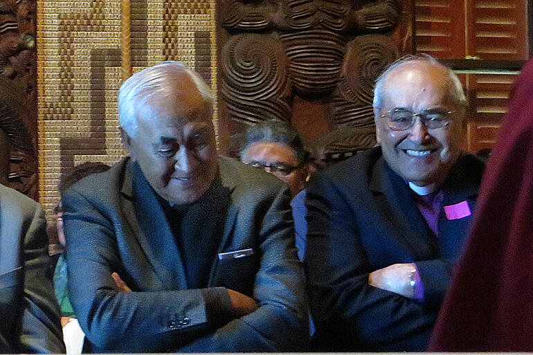 Bishop Waiohau (Ben) Te Haara with Bishop Brown Turei at the Hīnota Whānui pōwhiri in Waitangi, 10 May 2014.
