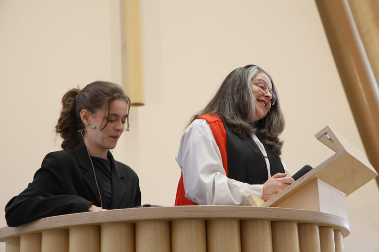 Archbishop Marinez Bassotto preaches assisted by her daughter Laura at Christchurch Transitional Cathedral.