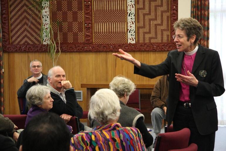 Bishop Katharine moved into the gathering to engage with her questioners. Bishop Katharine moved into the gathering to engage with her questioners.