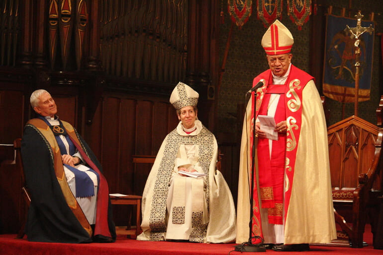 "Bishop Katharine," quipped Pihopa John Gray, "is the most exciting visitor we've had in Christchurch since the Beatles!" "Bishop Katharine," quipped Pihopa John Gray, "is the most exciting visitor we've had in Christchurch since the Beatles!"