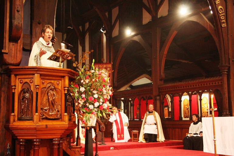 The Presiding Bishop preaches in Christchurch's first church. The Presiding Bishop preaches in Christchurch's first church.