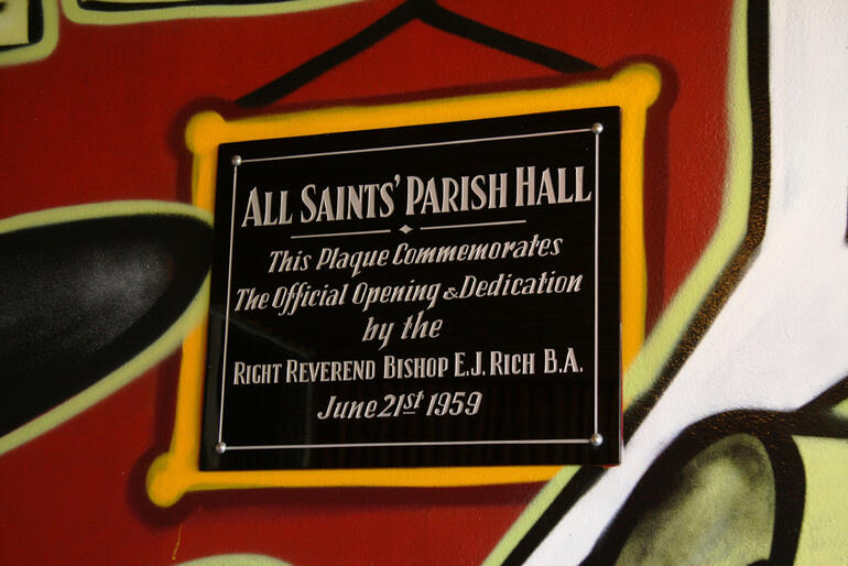 Probably not the border that Bishop Rich had in mind. The E-Town crew were invited to paint a mural on the wall leading to the hall. Probably not the border that Bishop Rich had in mind. The E-Town crew were invited to paint a mural on the wall leading to the hall.