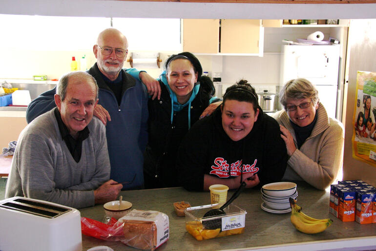 Regrouping at the E-Town servery - from left: Peter Barleyman, David Thompson, Tarsh Amohanga, CJ Brown and Jan Barleyman.