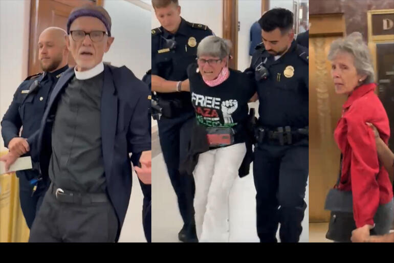 US Episcopal priest Rev David Funkhouser departs a US Govt hearing alongside Quaker and peace activists. US Episcopal priest Rev David Funkhouser departs a US Govt hearing alongside Quaker and peace activists.