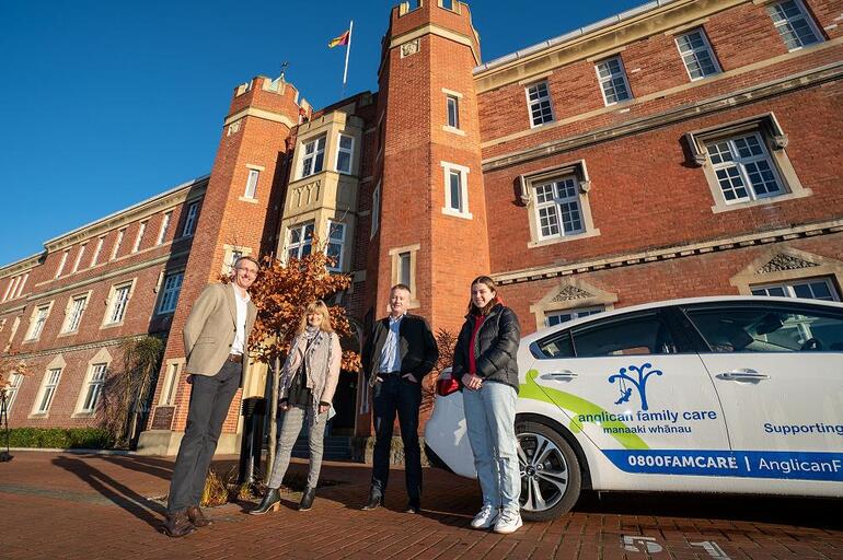 Gratefully received: Luke McClelland, Donna Davidson, Mike Williams, Hannah Jensen at the fundraising handover outside Selwyn College.