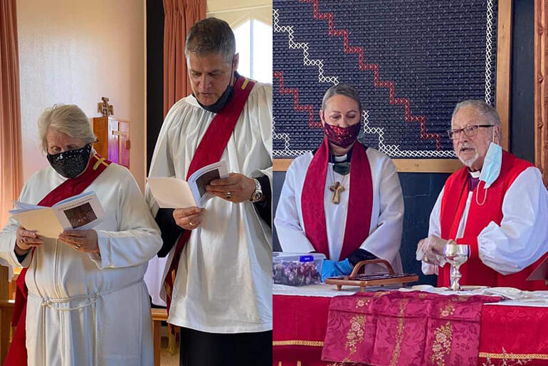 New deacons Rev Everlyn Cook & Rev Tony Ryan lead prayers, new priest Rev Andrea Jerry Ryan & Bishop Richard celebrate the Eucharist.