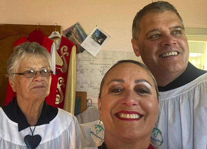 Newly licensed kaikarakia Frances Maheno joins a selfie shot with new deacon Rev Tony Ryan and new priest Rev Andrea Jerry Ryan.