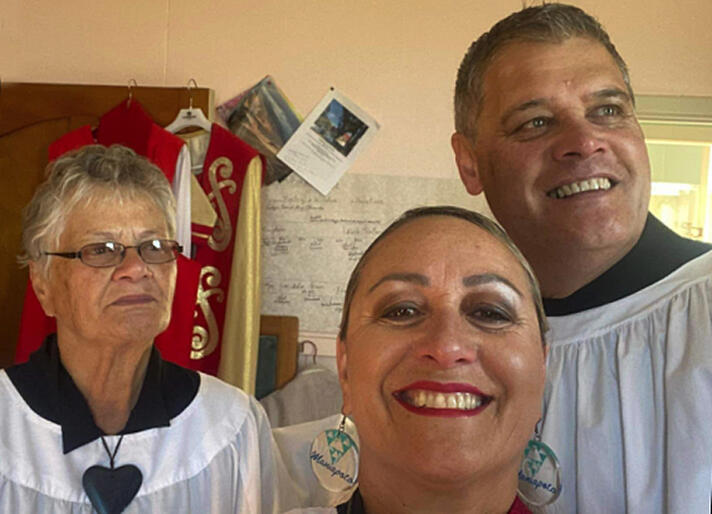 Newly licensed kaikarakia Frances Maheno joins a selfie shot with new deacon Rev Tony Ryan and new priest Rev Andrea Jerry Ryan. Newly licensed kaikarakia Frances Maheno joins a selfie shot with new deacon Rev Tony Ryan and new priest Rev Andrea Jerry Ryan.