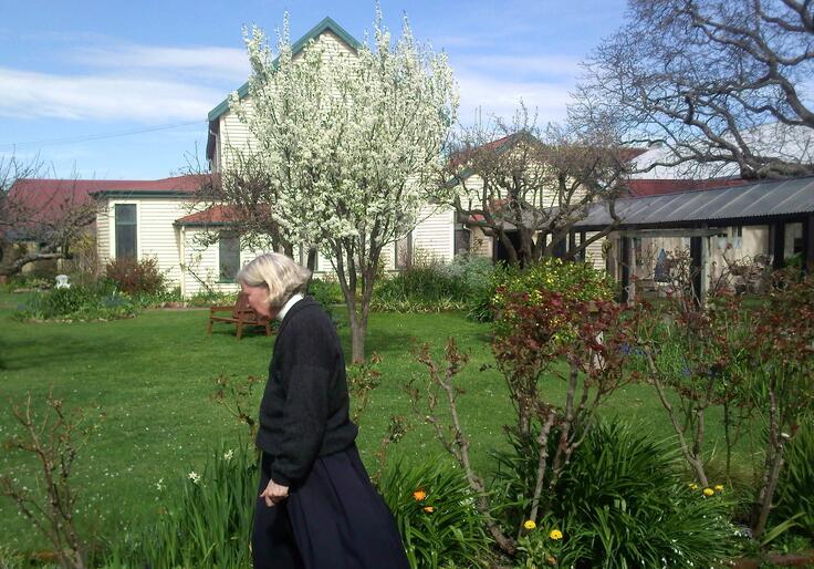Bishop Victoria walks past the blossoming Victoria Plum tree in the convent's enclosed garden. Bishop Victoria walks past the blossoming Victoria Plum tree in the convent's enclosed garden.