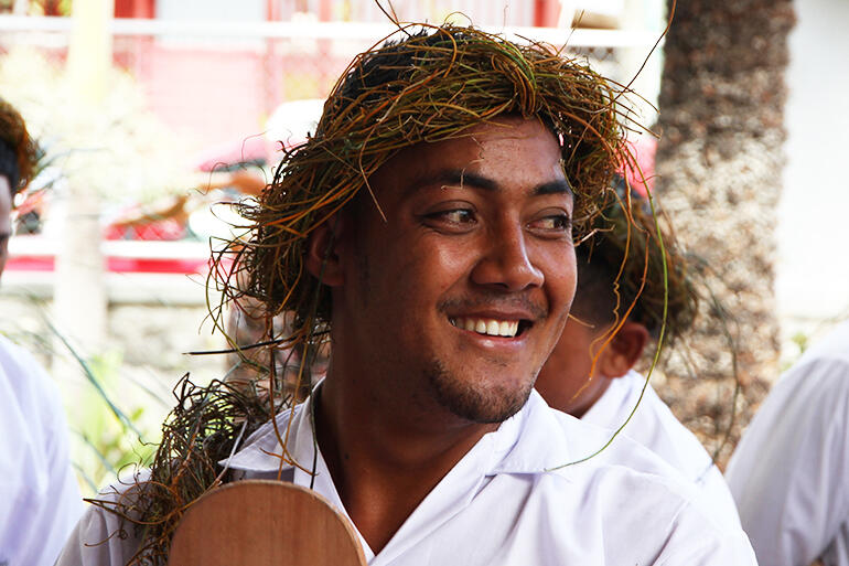 That's Doncute To'oa, one of the boys from St Andrew's College who 'paddled' the gospel into the church on Saturday morning.