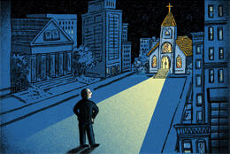 A man stands in a dark street lit by the light emanating from a church door