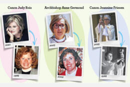 Six pictures show three women ordained priest in 1988 through till 2002 with their faces today