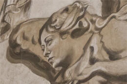 A sepia fresco painting in modern style features an angel with the face of Italian right-wing PM Meloni