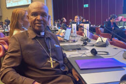 African Anglican bishop looks out from a high-tech UN conference room