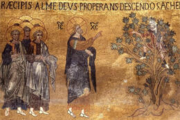 A gold mosiac depicts Jesus meeting Zaccheus who is up a tree