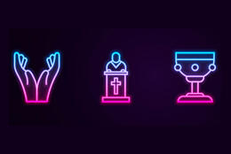 Three purple neon signs show: raised hands, person at a lectern with a cross, and a chalice.