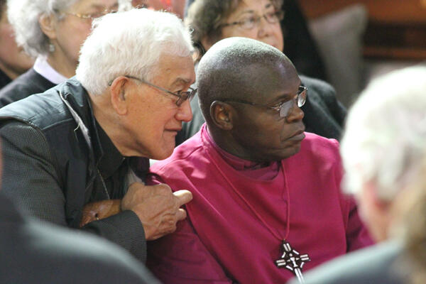 Archdeacon Tiki Raumati translates the whaikorero for the Archbishop of York.