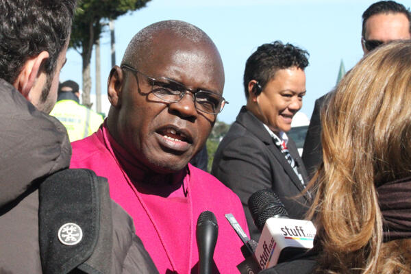 The Archbishop of York, Dr John Sentamu, talks to the media after paying his respects at Sir Paul's tangi,