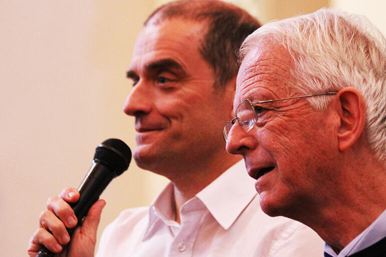 Brothers Matthew and Ghislain during a question time at the Taize workshop held at the Catholic cathedral.