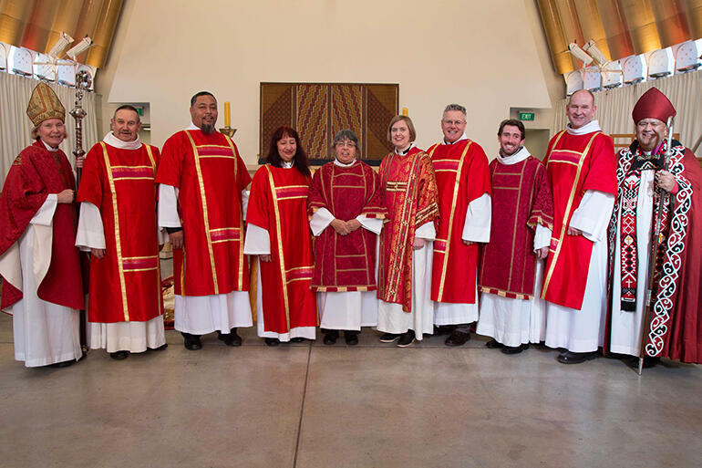 The new deacons, flanked by their bishops.