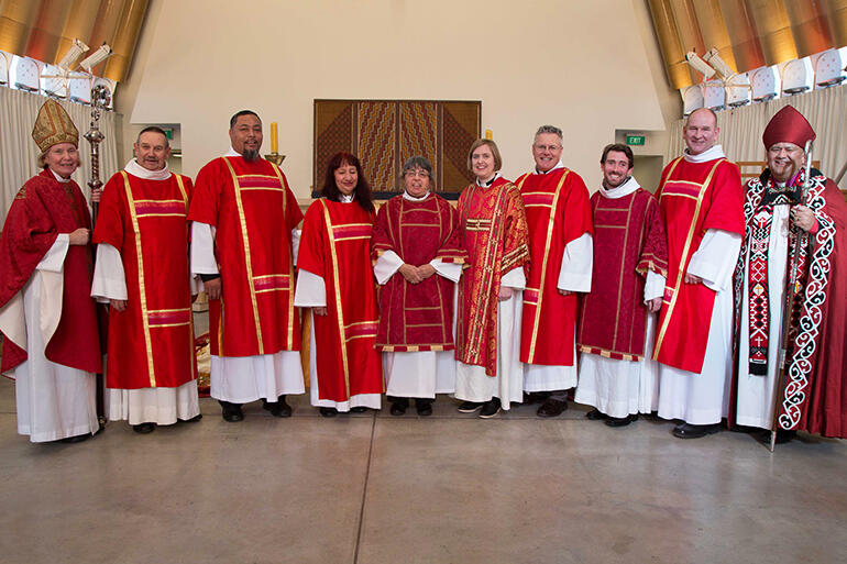 The new deacons, flanked by their bishops. The new deacons, flanked by their bishops.