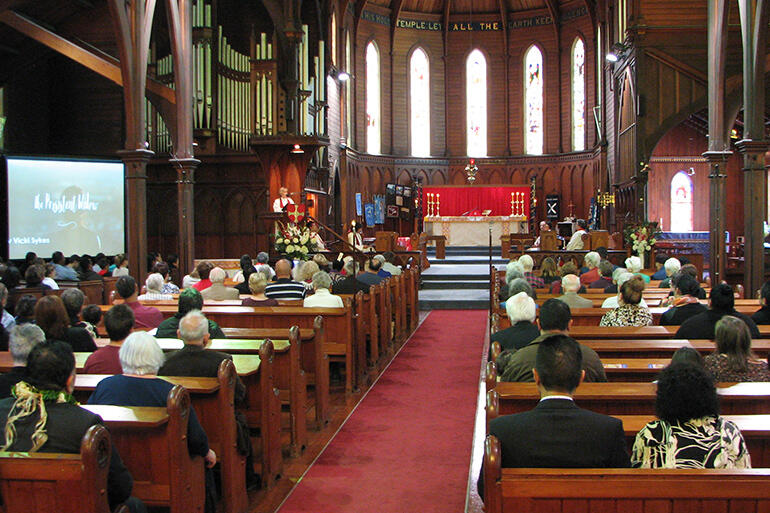 The view from the back as The Rev Vicki Sykes preaches. Te Miri Bevan photo. The view from the back as The Rev Vicki Sykes preaches. Te Miri Bevan photo.