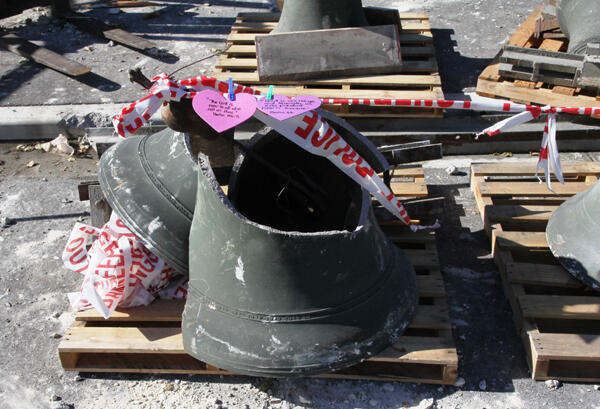 A shattered bell from St Mary's Merivale. The tower there was badly damaged in the quake, and the bells have been craned down.