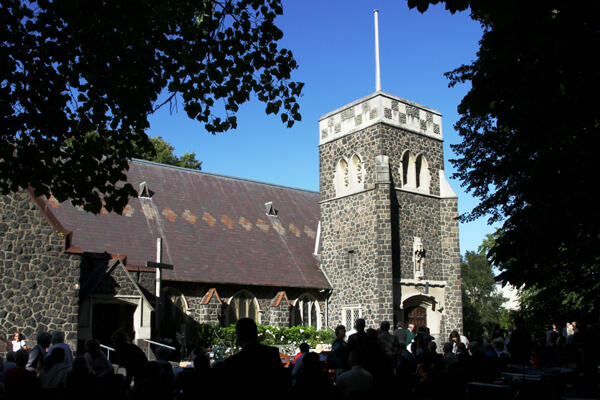 Folk gathered under the trees for the 10am Eucharist service at St Barnabas Fendalton yesterday.