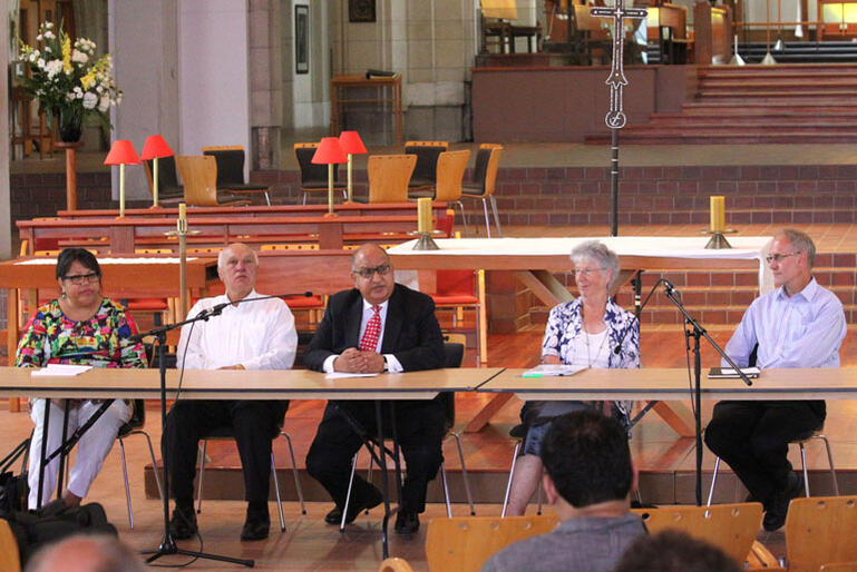 The Ma Whea? Commission (from left): Mrs Mele Taliai, Sir Tamati Reedy, Sir Anand Satyanand, Dame Judith Potter and Professor Paul Trebilco.