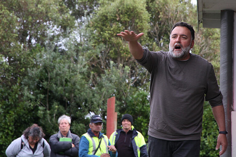 Ruakere Hond at full cry on the paepae at Parihaka. Ruakere Hond at full cry on the paepae at Parihaka.