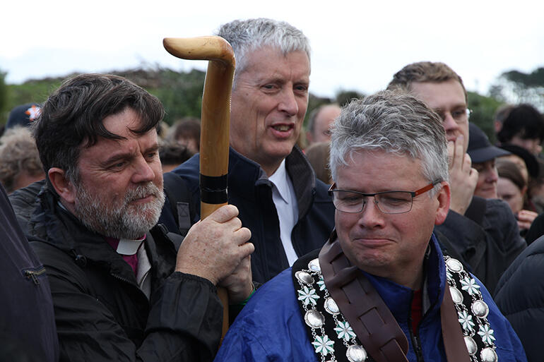 The Bishop of Taranaki encourages Andrew Judd before they move on to Parihaka Pa.