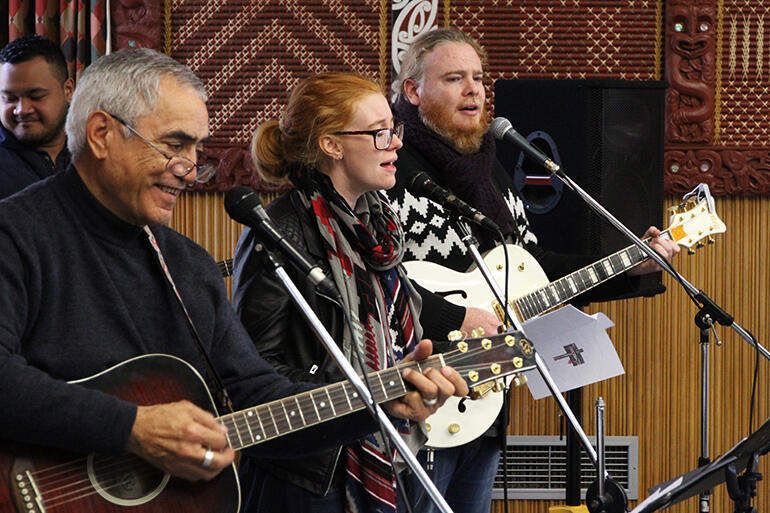 That's Te Miri Bevan in the foreground - with Daniel and Rebecca Connolly.