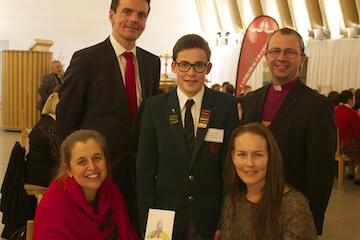 Rev Anne van Gend, Hereworth headmaster Steve Fiet, logo winner Jack Lawson, mother Melanie Lawson and Bishop Andrew Hedge. 