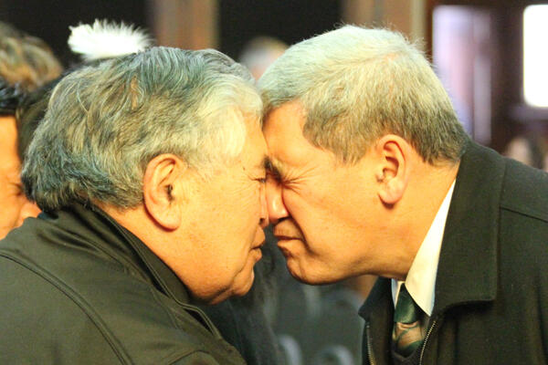 John Tapene, of Auckland, exchanges the hongi with Napi Waaka, of Tainui, The welcome is complete. John Tapene, of Auckland, exchanges the hongi with Napi Waaka, of Tainui, The welcome is complete.