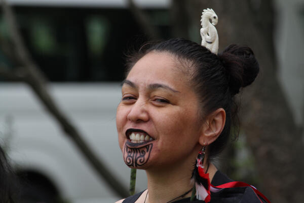 A young performer in the kapa haka troupe, Te Kotahitanga. A young performer in the kapa haka troupe, Te Kotahitanga.