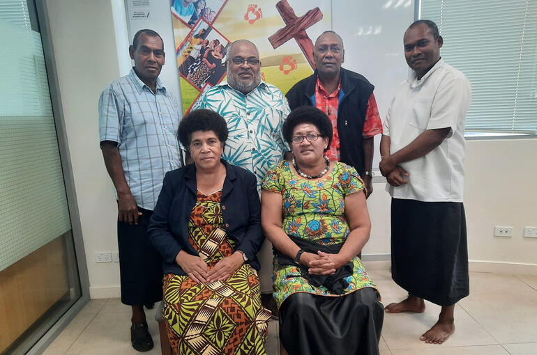 Fijian translation team Back L-R: Alipate Kaka, Reverend Orisi Vuki, Reverend Wame Tukana, Reverend Vilive Gagalia. Front: Rosi Laukini, Selai Thomas