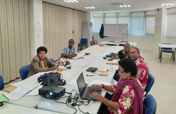 Fijian translators meet to work on further Prayer Book texts projected on screen at the Moana Anglican Services and Teaching Centre in Suva, 2020. Fijian translators meet to work on further Prayer Book texts projected on screen at the Moana Anglican Services and Teaching Centre in Suva, 2020.