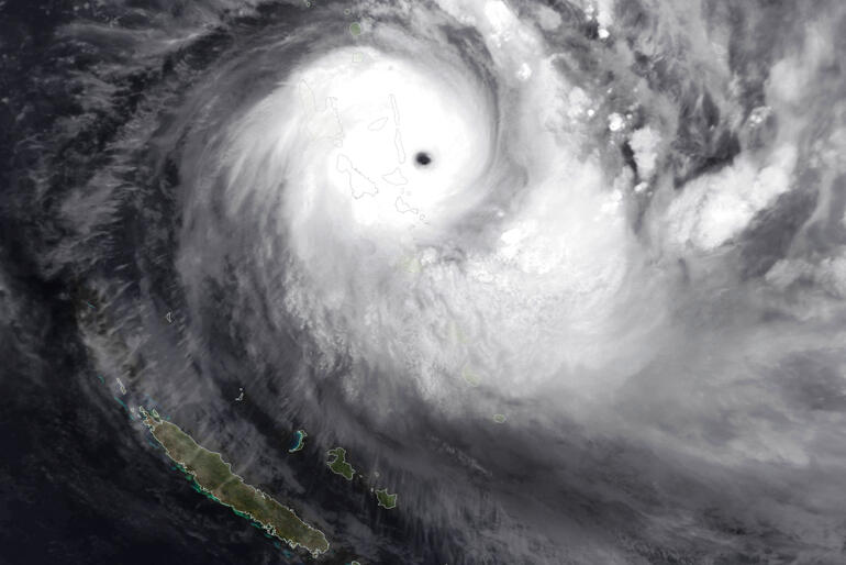 Cyclone Harold shown over Vanuatu and the Solomon Islands in early April, when thousands lost their homes and 30 people died. 