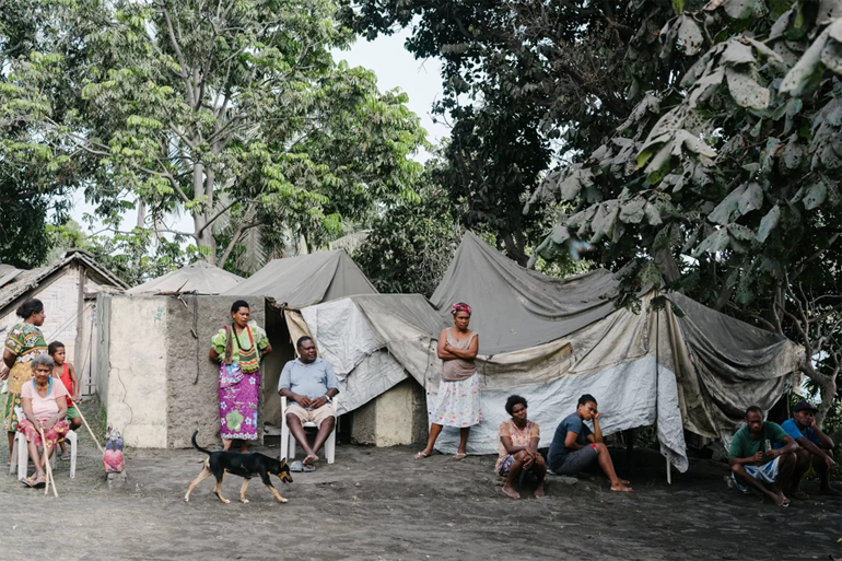 Ambae Islanders with ash-covered tents after the volcanic eruptions. In 2019-2020 Ambae Islanders need help to rebuild and prepare for cyclones. Ambae Islanders with ash-covered tents after the volcanic eruptions. In 2019-2020 Ambae Islanders need help to rebuild and prepare for cyclones.