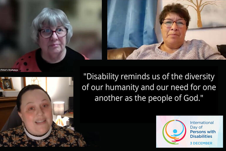 Clockwise from top left: Alison Griffiths, Cherryl Thompson and Hilary Willett join the video that unfurls this Church's Theology of Disability.